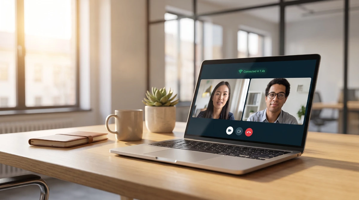 Laptop showing a fast peer-to-peer random video chat connecting in 1.4 seconds