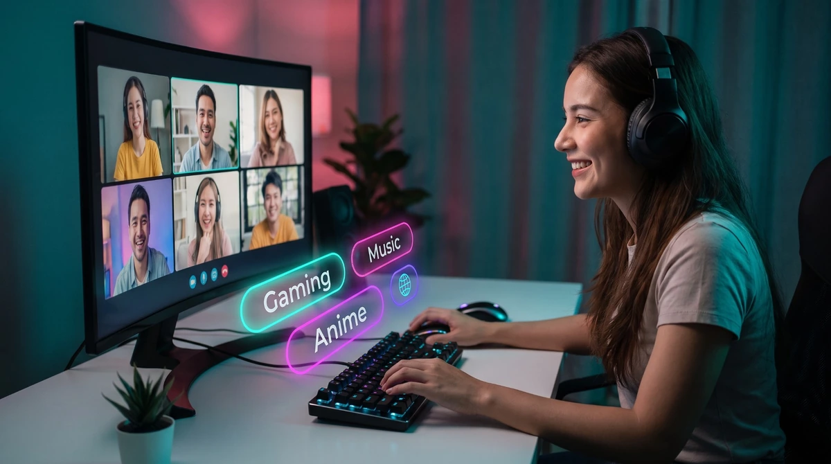 User selecting interest tags and country filters for instant random video chat matching